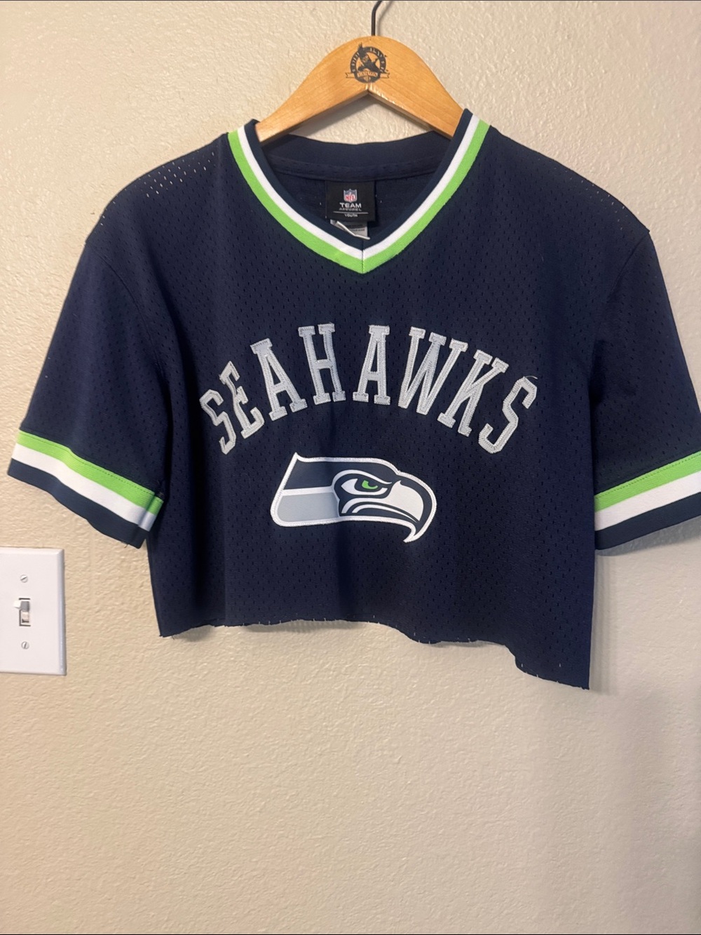 NFL Navy Seahawks Cropped Mesh Tee with Green & White Trim
